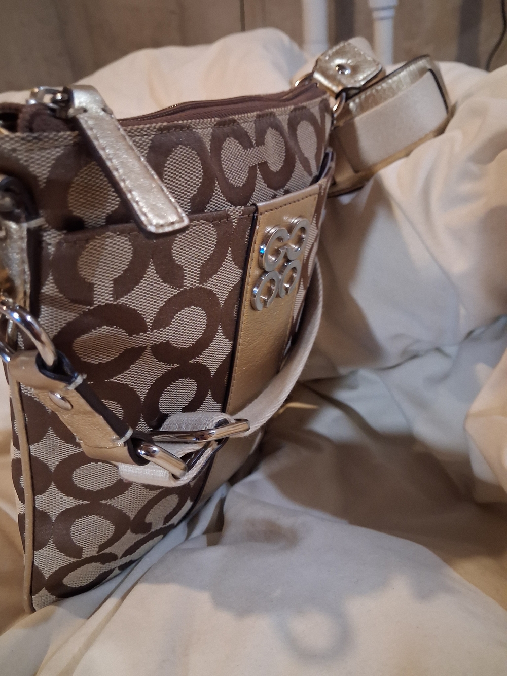 Coach Signature Canvas Shoulder Bag in Brown and Gold